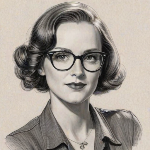 Radiant Ingrid Michaelson, pencil sketch, portrait of Dazzling woman 1930s in glasses, hair style beatnik, outline, clear lines, fine lines, 8k