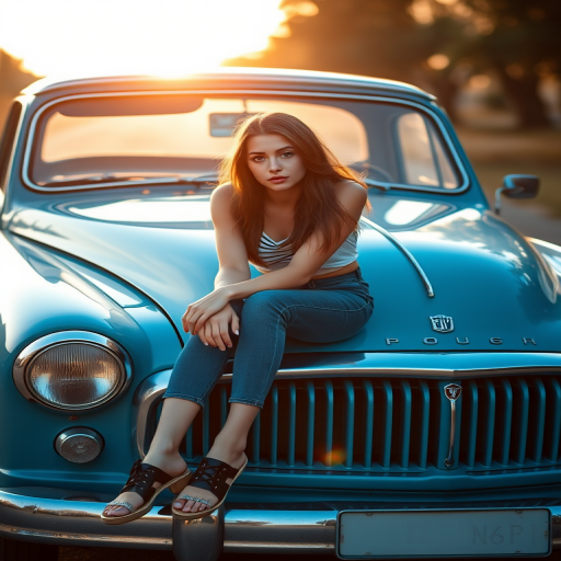 Capture a young woman sitting on the hood of a blue vintage car during golden hour, shallow depth of field, aperture f/2.8, ISO 100, 35mm lens, soft natural light, focus on the subject with a blurred background, shot in RAW format for superior detail.