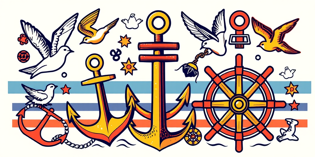 Vintage sailor Jerry-inspired half sleeve featuring classic nautical elements like anchors, swallows, and ship wheels in bold primary colors with heavy black outlines