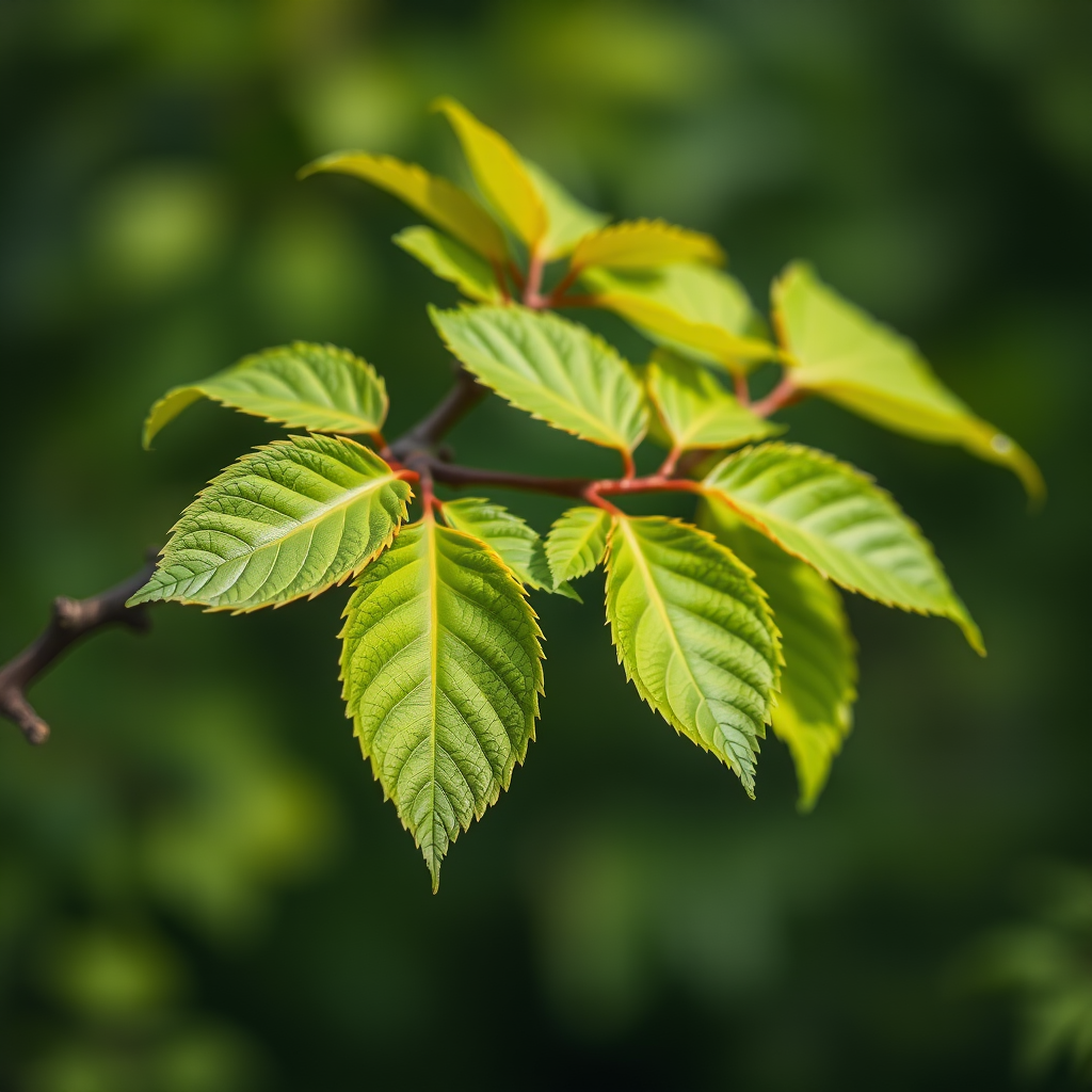 Capture a close-up of vibrant green leaves on a branch with a blurred green background, using a DSLR camera with a 50mm lens, aperture set to f/2.8 for shallow depth of field, ISO 100 for low noise, and natural light to enhance the vividness of the leaves.