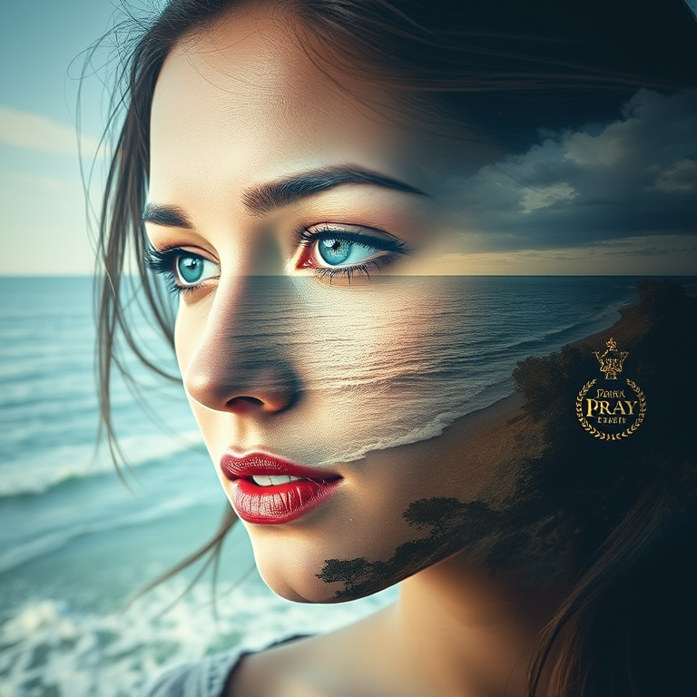 create Book cover, A surreal double exposure portrait that blends a woman's face with a beautiful seascape. The overall mood is dreamy and mystical, with rich colors and intricate details