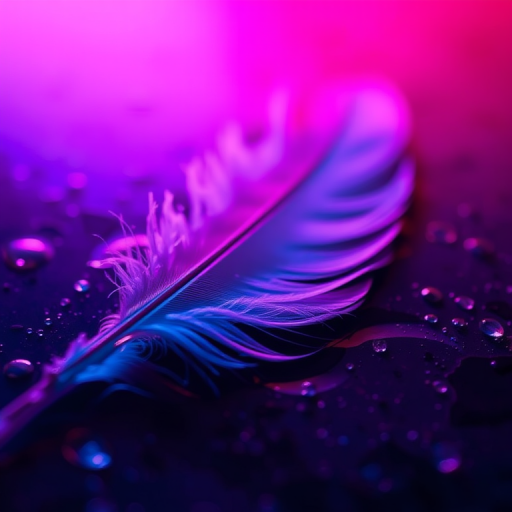 macro shot of a delicate feather resting on a wet surface, illuminated with vibrant pink and blue lighting, f-stop 2.8, shutter speed 1/100 sec, ISO 100, 100mm lens, taken with a DSLR camera from a low angle view to enhance texture and color contrast
