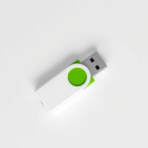 Create a high-resolution image of a modern USB flash drive with a sleek white and green design, shot with a DSLR camera at f/2.8, ISO 100, and a shutter speed of 1/60 sec from an overhead angle in a well-lit studio setting.