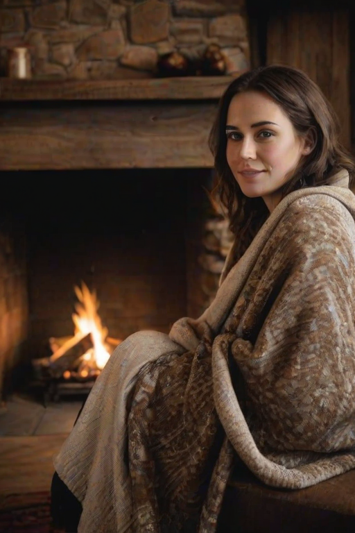 Woman sitting by a fireplace in a rustic lodge, a blanket draped over her shoulders, with the crackle of wood burning and the warmth of the fire filling the room.