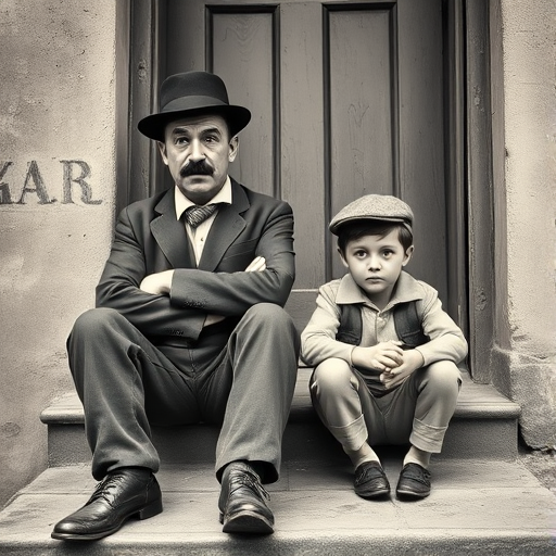 A black-and-white photograph of a man and a child sitting on steps in front of a doorway. The man is dressed as a tramp with a bowler hat, mustache, and ragged clothes, reminiscent of Charlie Chaplin's iconic look. He is sitting with his arms crossed and an expression of slight sadness or frustration. Next to him is a young boy, also in worn clothes and a cap, sitting with his hands clasped, looking thoughtful. The background is an old, textured wall and a partially open door, creating a vintage, early 20th-century atmosphere.