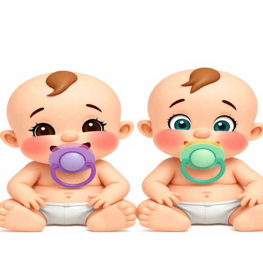 Create an image of two cartoon babies with pacifiers, sitting side by side, one with a cheerful expression and the other with a surprised expression, set against a plain white background, using a high-resolution camera with a macro lens, f/2.8 aperture, ISO 100, and soft diffused lighting for a bright and clear appearance.