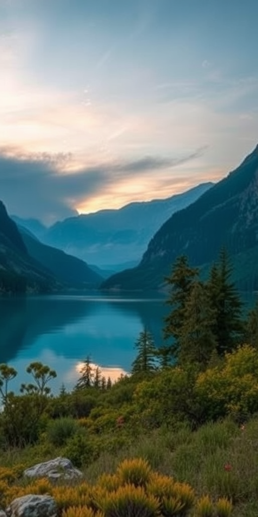 Create a high-resolution image of a tranquil nature scene featuring a serene lake surrounded by mountains during sunset, using a DSLR camera with a 50mm lens, aperture set to f/2.8, ISO 100, shutter speed 1/125s, in landscape orientation for enhanced image quality.