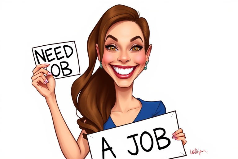 caricature of a smiling Olivia Wilde in a Sapphire dress or suit, holding up a sign that says "NEED A JOB", no watermark,