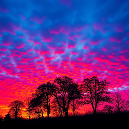 Generate a vibrant abstract landscape with silhouette trees against a multicolored, geometric patterned sky, using a Canon EOS 5D Mark IV, 24mm lens, f/8 aperture, ISO 100, and a shallow depth of field for heightened image quality.