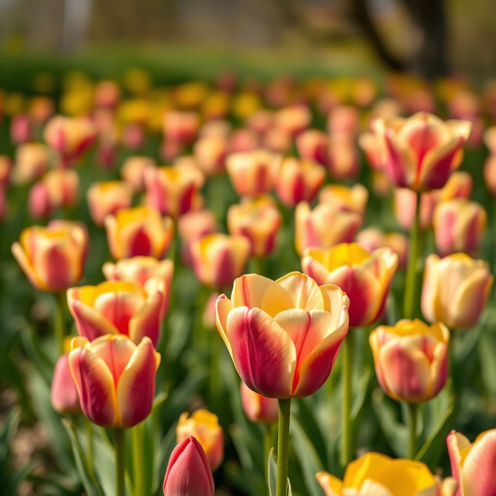 Regenerate the image of tulips in a field with vibrant pink and yellow colors, shallow depth of field, f/2.8 aperture, 50mm lens, soft natural lighting, shot with a DSLR camera from a low angle.