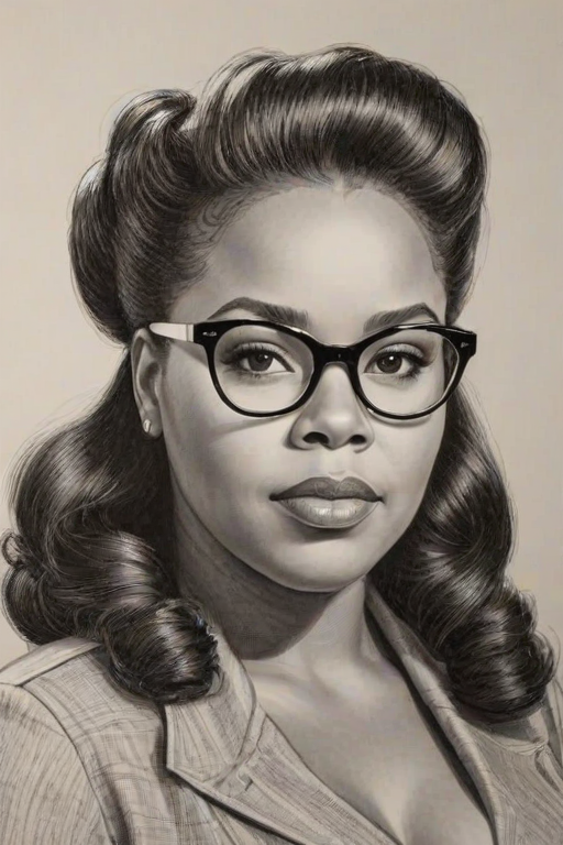 Magnificent Amber Riley, pencil sketch, portrait of Appealing woman 1940s in glasses, hair style beatnik, outline, clear lines, fine lines, 8k
