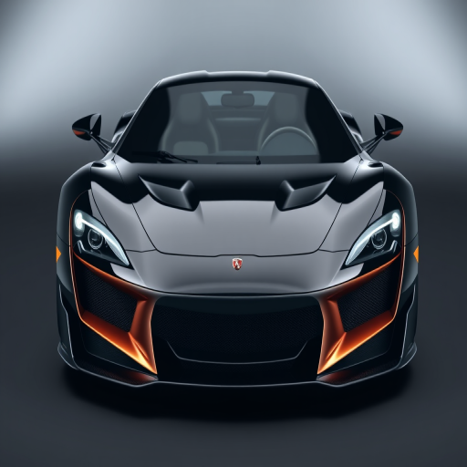high-quality rendering of a luxury sports car with a black and copper color scheme, front three-quarter view, studio lighting, DSLR camera, f/2.8 aperture, ISO 100, 24mm focal length, sharp focus on the car details, soft gradient background