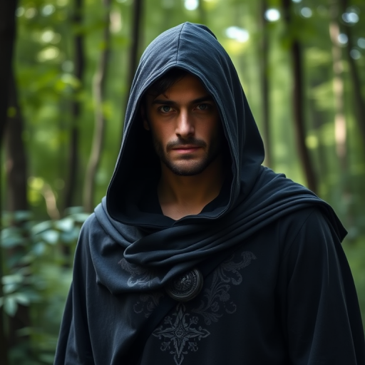 Portrait of a hooded man wearing a dark cloak with ornate details, standing in a lush green forest, soft natural light, shallow depth of field, DSLR camera, 50mm lens, f/1.8 aperture, ISO 100, capture in RAW format.