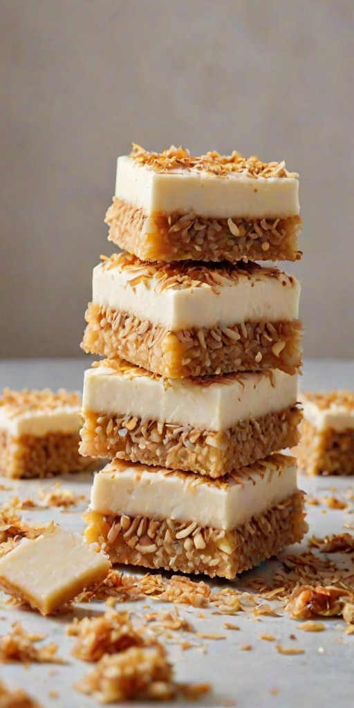Generate an image of a stack of square-shaped desserts coated with golden toasted coconut flakes, some pieces cut open to reveal a creamy filling. The scene should have a clean, minimalist background to highlight the desserts, with a soft light that emphasizes their texture and color.
