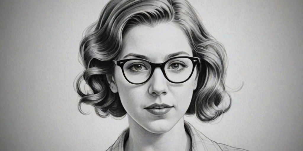 Fascinating Eden Sher, pencil sketch, portrait of Ravishing woman 1937s in glasses, hair style beatnik, outline, clear lines, fine lines, 8k