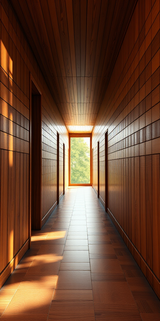 Create a realistic 3D rendering of a long wooden corridor with a checkerboard floor, bright natural light streaming through an opening at the end, camera settings: f/8 aperture, 1/60s shutter speed, ISO 200, camera view: wide-angle perspective, camera style: photorealistic, camera type: DSLR.