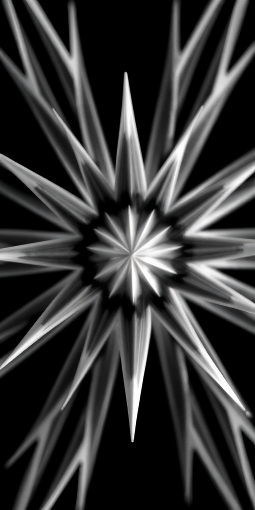 Create a high-resolution image of a black and white starburst shape with sharp points, using a DSLR camera at f/8 aperture, ISO 200, 1/250 shutter speed, with a macro lens for detailed close-up view and soft diffused lighting.