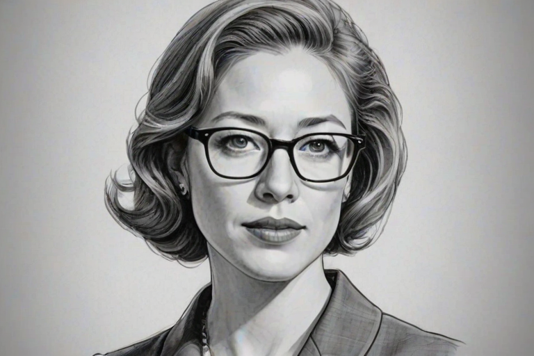 Splendid Carrie Coon, pencil sketch, portrait of Elegant woman 1955s in glasses, hair style beatnik, outline, clear lines, fine lines, 8k
