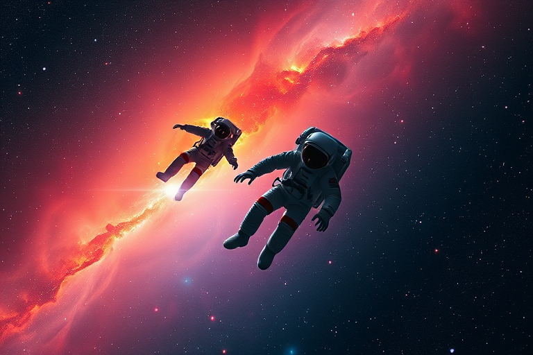Create a high-resolution image of an astronaut floating in space amidst a vibrant nebula, using a full-frame camera with a 24mm lens, aperture set to f/2.8, shutter speed of 1/100 sec, and ISO 200, captured in a wide-angle view to emphasize the vastness of space.