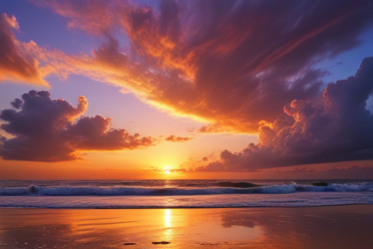 Stunning Sunset Over Tranquil Ocean Waves and Colorful Cloudscape