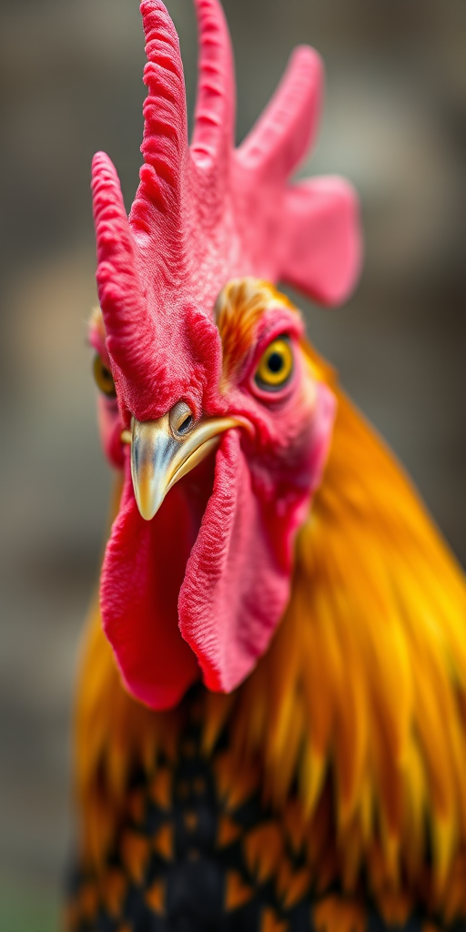close-up portrait of a rooster with vivid colors, shallow depth of field, 50mm lens, f/2.8 aperture, ISO 100, natural lighting, DSLR camera, focus on details of the feathers and comb