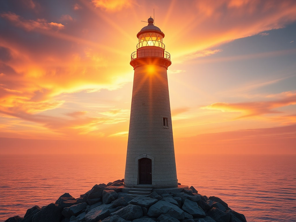 Generate an image of a tall lighthouse perched on a rocky outcrop surrounded by calm ocean waters during a breathtaking sunset. The lighthouse stands sturdy and weathered, its stone surface illuminated by the warm golden light of the setting sun. The sun's rays pass directly through the glass lantern room at the top of the lighthouse, casting a brilliant light across the scene. The sky is painted with vibrant shades of orange, pink, and purple, reflecting off the tranquil sea. The surrounding water shimmers with the same warm hues, creating a serene and majestic atmosphere.