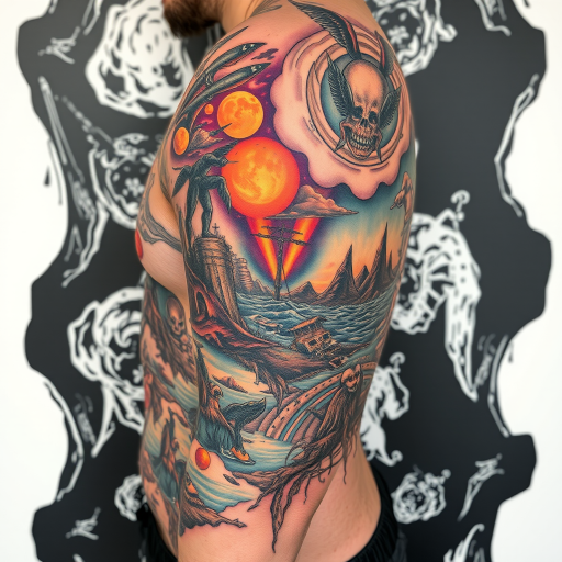 Surrealist tattoo known as "Dreamscape Fusion" blending impossible scenes and distorted imagery to create a mind-bending visual narrative across the body