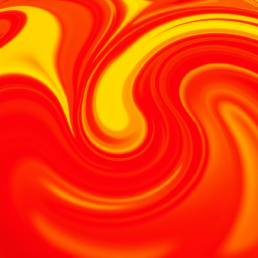 Create an abstract image featuring swirling patterns in vibrant shades of red and yellow with smooth gradients, using a DSLR camera with a 50mm lens at f/2.8, ISO 100, and a focus on depth of field, captured from a high-angle perspective.