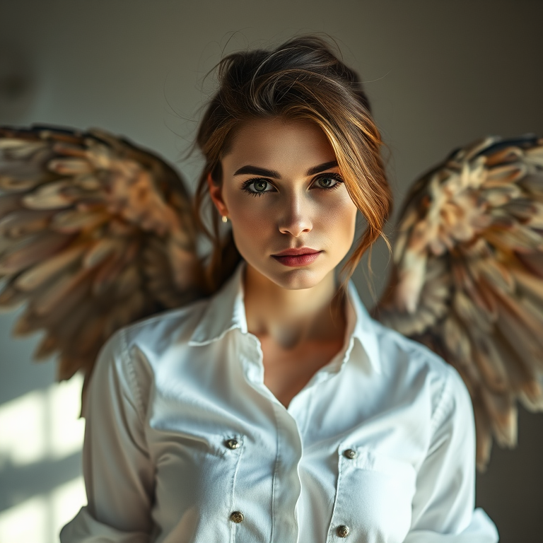 portrait of a woman with textured wings wearing a torn white shirt, soft focus background, natural light with a slight shadow, 50mm lens, aperture f/1.8, ISO 200, 1/125s, shot from a low angle to highlight the wings and expression, studio setup.