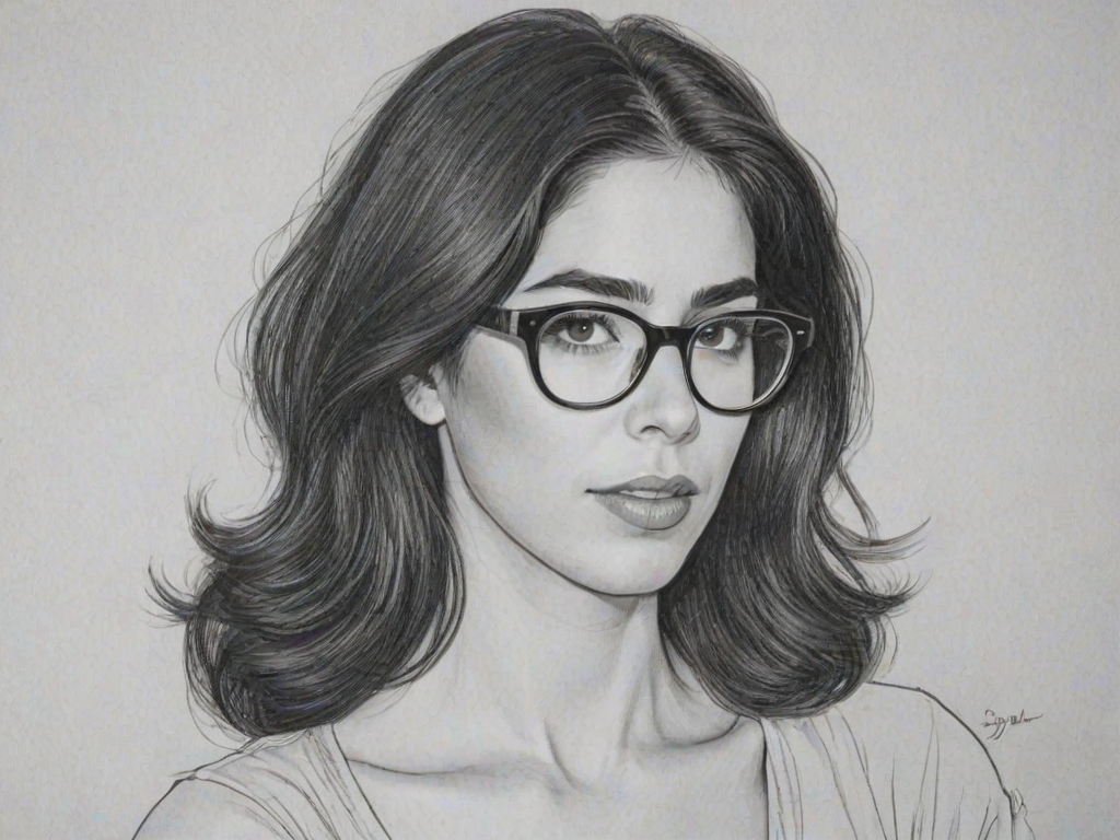 Graceful Sarah Silverman, pencil sketch, portrait of Lovely woman 1969s in glasses, hair style beatnik, outline, clear lines, fine lines, 8k