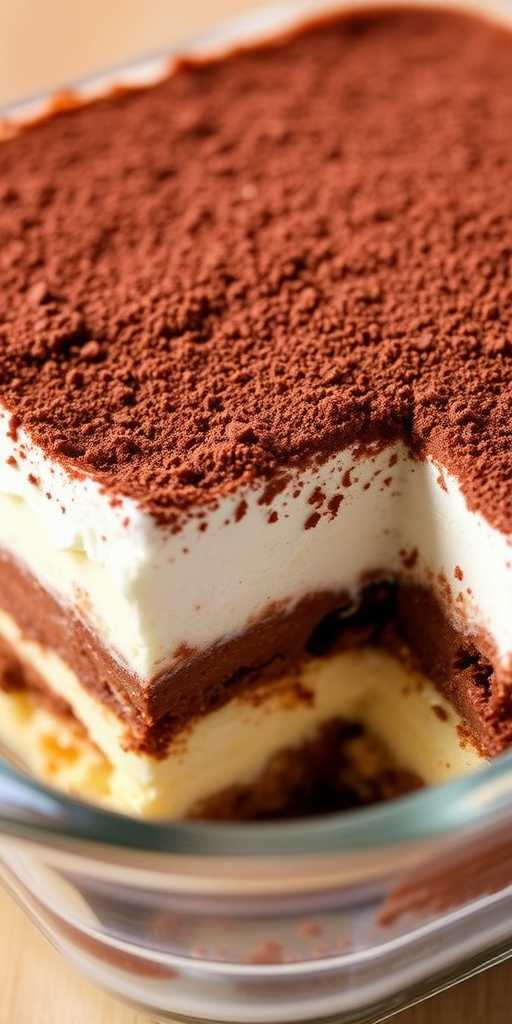 A close-up view of a delicious layered tiramisu dessert in a glass dish showcasing the rich chocolate dusting on top and the creamy layers beneath with a portion cut out revealing the texture and layers inside.