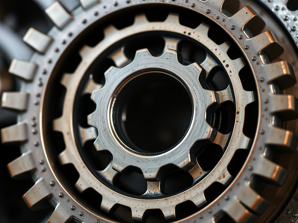 high-resolution close-up of interlocking gears with a metallic texture, soft natural lighting, depth of field focus on the center gear, shot on a DSLR camera with a 50mm lens at f/2.8, ISO 100, 1/125 sec