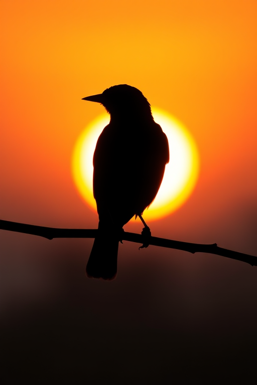 Generate a high-resolution black silhouette of a bird perched on a branch against a bright sunset background with vibrant oranges and yellows, using a Canon EOS R5, ISO 100, aperture f/8, shutter speed 1/200s, shot from a slightly low angle for dramatic effect.