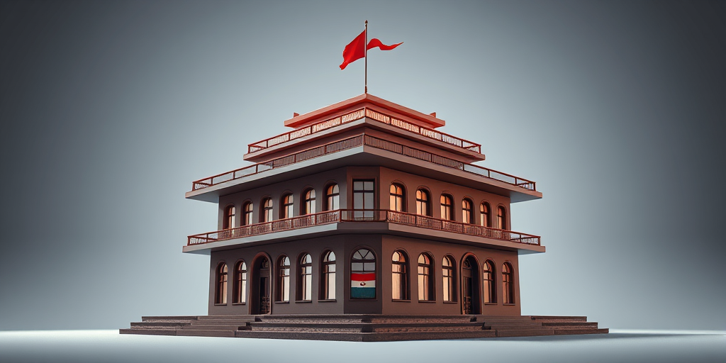 Create a high-resolution 3D rendering of a stylized building with a flat roof and multiple layers, featuring a flag on top, using a DSLR camera with a 50mm lens at f/8 aperture, ISO 200, and a focal length of 50mm, shot from a low angle for dramatic effect.