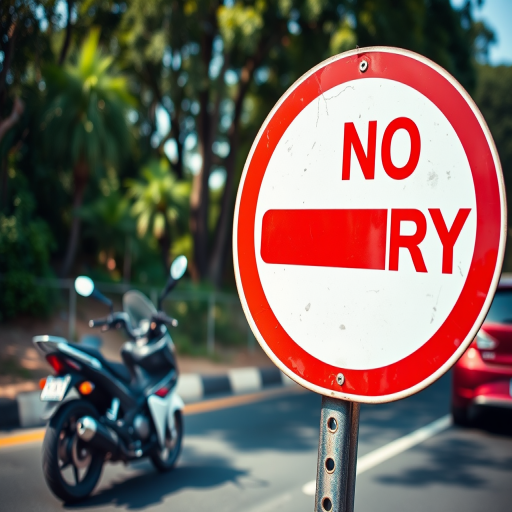 Create an image of a no entry road sign featuring a motorcycle and car, captured with a DSLR camera at f/8 aperture, 1/200 sec shutter speed, ISO 100, in a close-up view with natural lighting and vibrant colors.