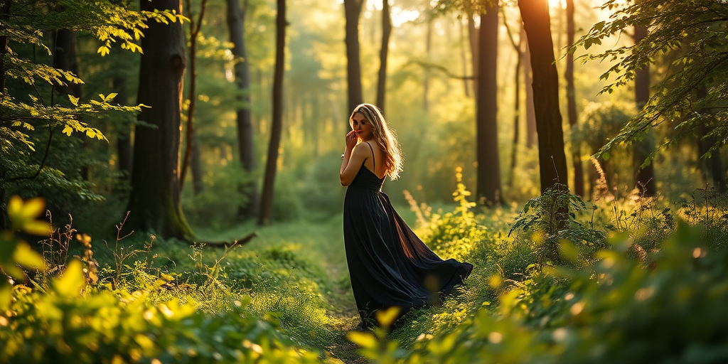 Regenerate a dreamy forest scene with a woman in a flowing dark dress standing amidst lush greenery, soft golden light filtering through the trees, using a DSLR camera, 50mm lens, f/2.8 aperture, ISO 200, capturing a shallow depth of field for a painterly effect.