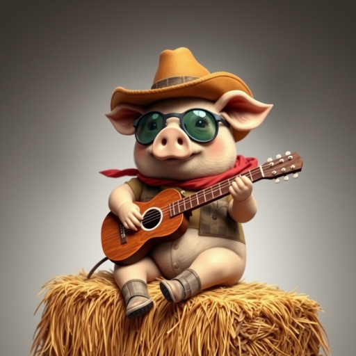 A chibi pig, dressed as a cowboy, playing guitar, sitting on a hay bale