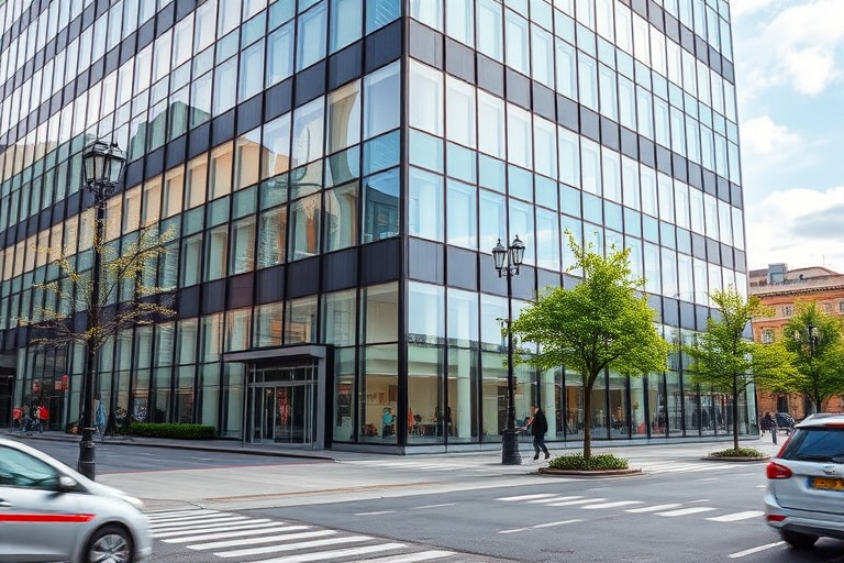 Generate a high-resolution image of a modern office building with a glass facade, taken from street level, using a DSLR camera, 50mm lens, f/8 aperture, ISO 100, and natural lighting to enhance image quality.