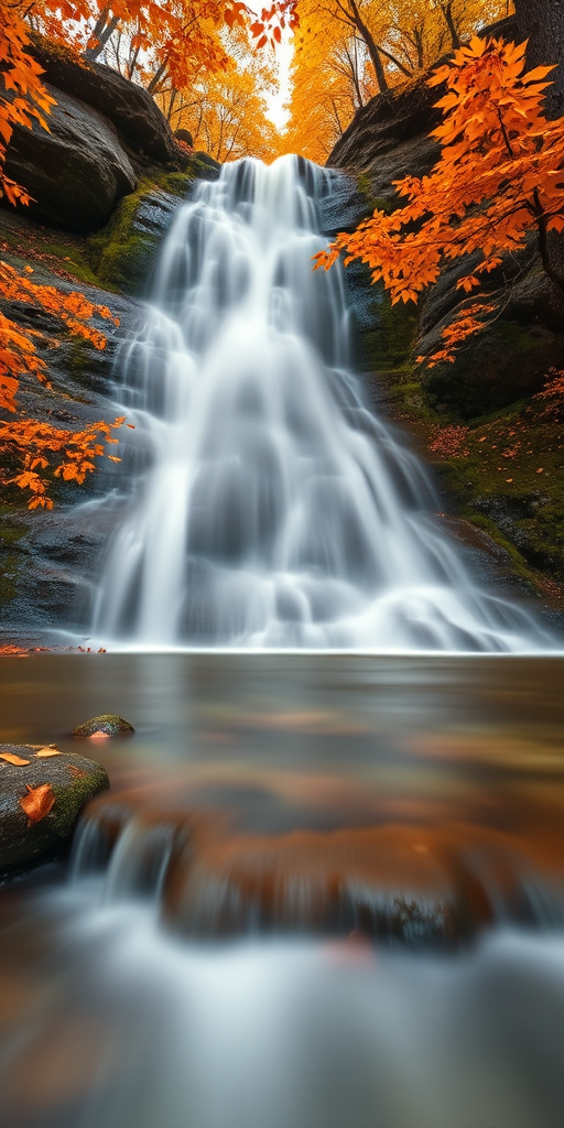 generate a serene waterfall scene in autumn with vibrant orange and yellow leaves, long exposure to create silky water effect, f/8 aperture, 1/4 second shutter speed, ISO 100, wide-angle lens, low angle view, DSLR camera, natural lighting