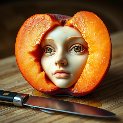A hyperdetailed photorealistic macro color saturated high resolution image of a peach cut in half, with the peach pit being a highly detailed sculpted woman's face with her eyes open and peach-colored irises. The face has a marble texture. The image includes condensation, moisture, and peach juice. The peach is on a wooden cutting board with a small fruit knife nearby, also covered with juice.