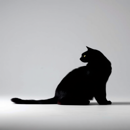 Generate a high-resolution image of a black silhouette of a cat sitting position against a white background, captured with a Canon EOS 5D Mark IV, 50mm lens, aperture f/1.8, shutter speed 1/125s, ISO 100, in a studio setting with soft lighting for enhanced image quality.