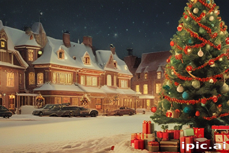 A Cozy Winter Scene Featuring a Decorated Christmas Tree and Festive Gifts.