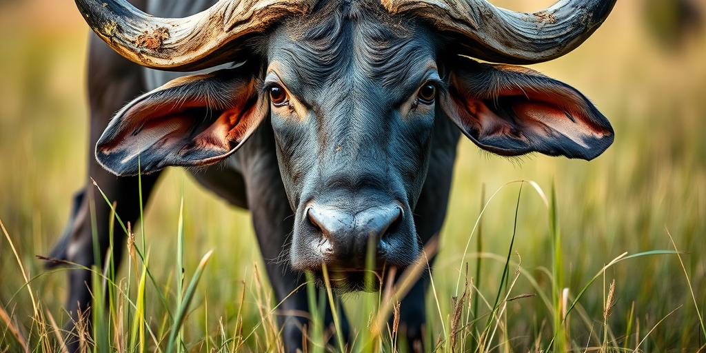 Capture a close-up of a muddy African buffalo standing in tall grass, with a shallow depth of field, 50mm lens, f/2.8 aperture, ISO 200, natural lighting, shot at eye level with a DSLR camera.
