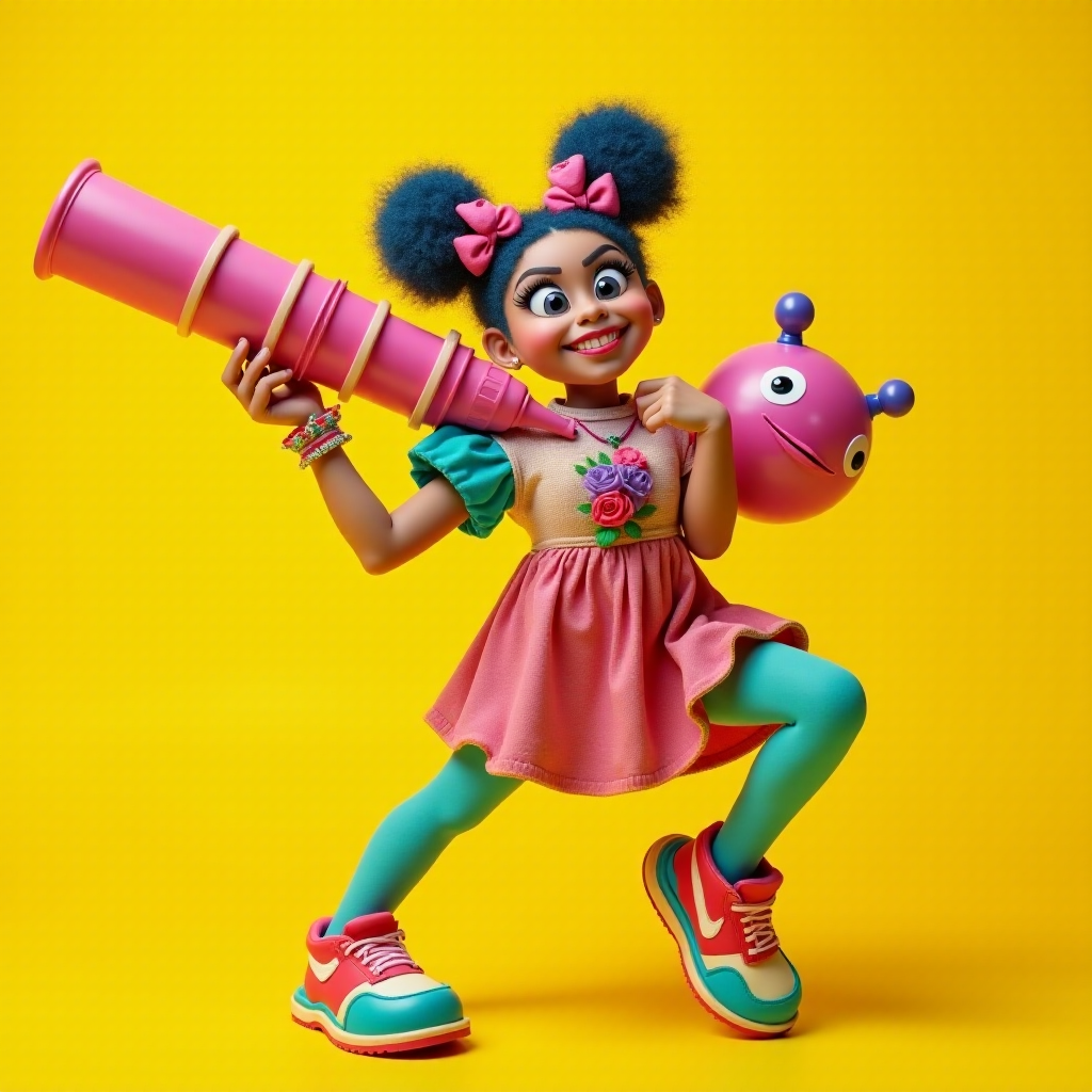 A playful woman holds a bazooka with a mischievous grin, her pose exaggerated and cartoonish. She’s dressed in a colorful, quirky outfit with oversized accessories, giving her a whimsical and fun appearance. The bazooka, although large, is designed in a cute, almost toy-like style, adding to the humorous and lighthearted vibe of the scene. The background is bright and cheerful, enhancing the overall playful atmosphere.
We share ALL our prompts in the Bing Image Prompts group: