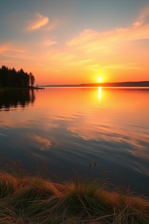 Generate a high-resolution image of a sunset over a tranquil lake, 35mm lens, f/8 aperture, ISO 100, with a wide-angle view, captured using a DSLR camera in natural light to enhance colors and details.