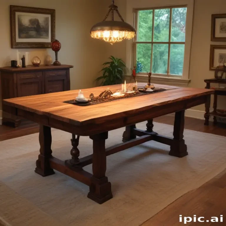Elegant Dining Room with a Rustic Wooden Table and Warm Lighting