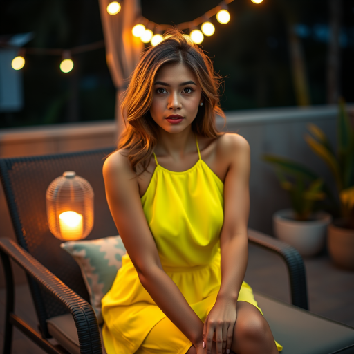 Alluring photo of woman:Filipino:0.4, highlight hair, wearing Neon dress, sitting on Patio furniture, rim lighting, studio lighting, looking at the camera, dslr, ultra quality, sharp focus, tack sharp, dof, film grain, Fujifilm XT3, crystal clear, 8K UHD, highly detailed glossy eyes, high detailed skin, skin pores