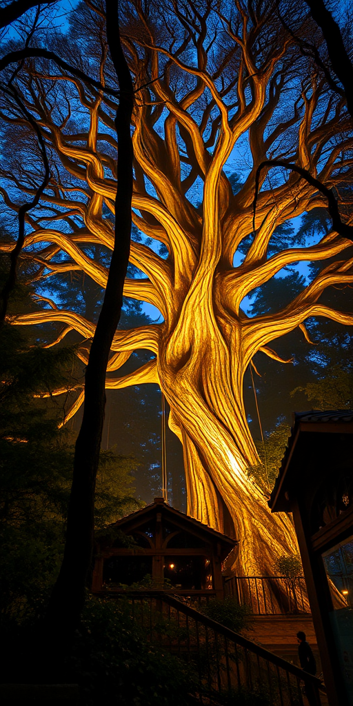 Create a mystical forest scene featuring a giant illuminated tree with intricate branches, surrounded by enchanting architecture, during twilight with a soft focus; use a Canon EOS R5, 24-70mm f/2.8 lens, f/4 aperture, ISO 400, 1/60s shutter speed, shot at eye level for a cinematic look.