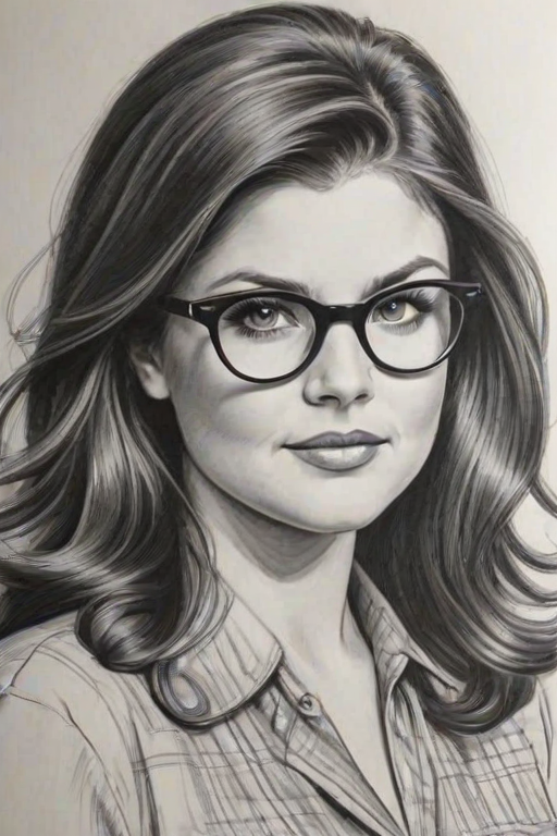 Fetching Tiffani Thiessen, pencil sketch, portrait of Exquisite woman 1940s in glasses, hair style beatnik, outline, clear lines, fine lines, 8k