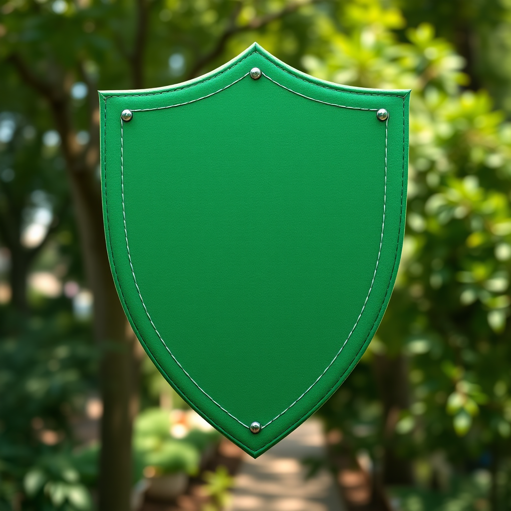 Create a high-quality image of a green shield-shaped banner with a textured surface, using a DSLR camera at f/2.8 aperture, ISO 100, and a focal length of 50mm, shot in soft natural lighting from a frontal view.
